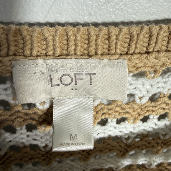 Loft Sweater WM Tan/white Stripe Open Knit Long Sleeve Chic Artisanal Classic - Picture 3 of 13